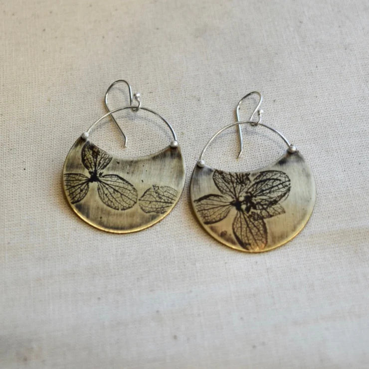 Hydrangea Crescent Earrings – Brass or Sterling Silver