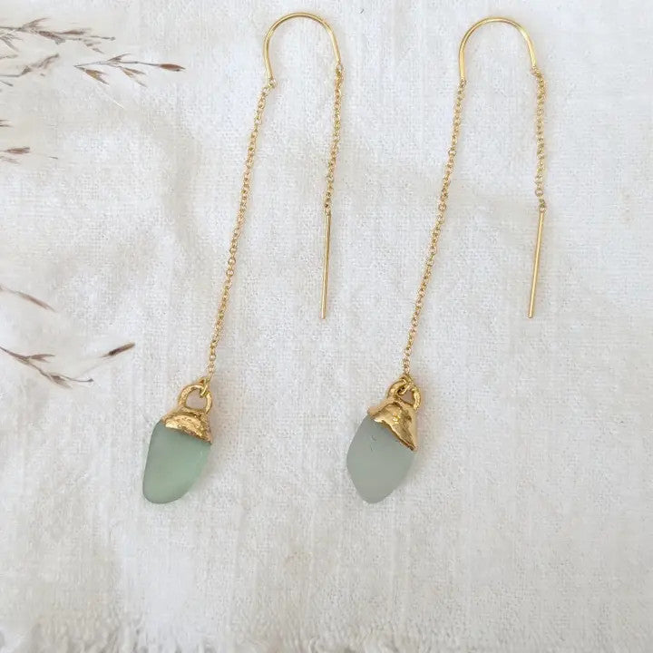 14k Gold Dipped Aqua Seaglass Threader Earrings