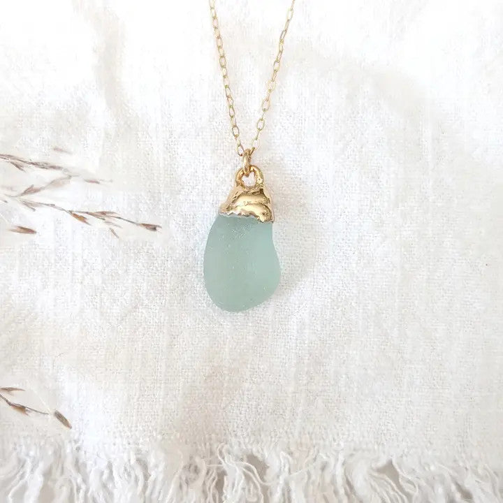 14K Gold Dipped Aqua Sea Glass Necklace